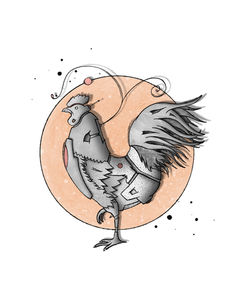 Whimsical black and white digital line art of a proud rooster standing on one leg inside a circle with flowing abstract accent lines.