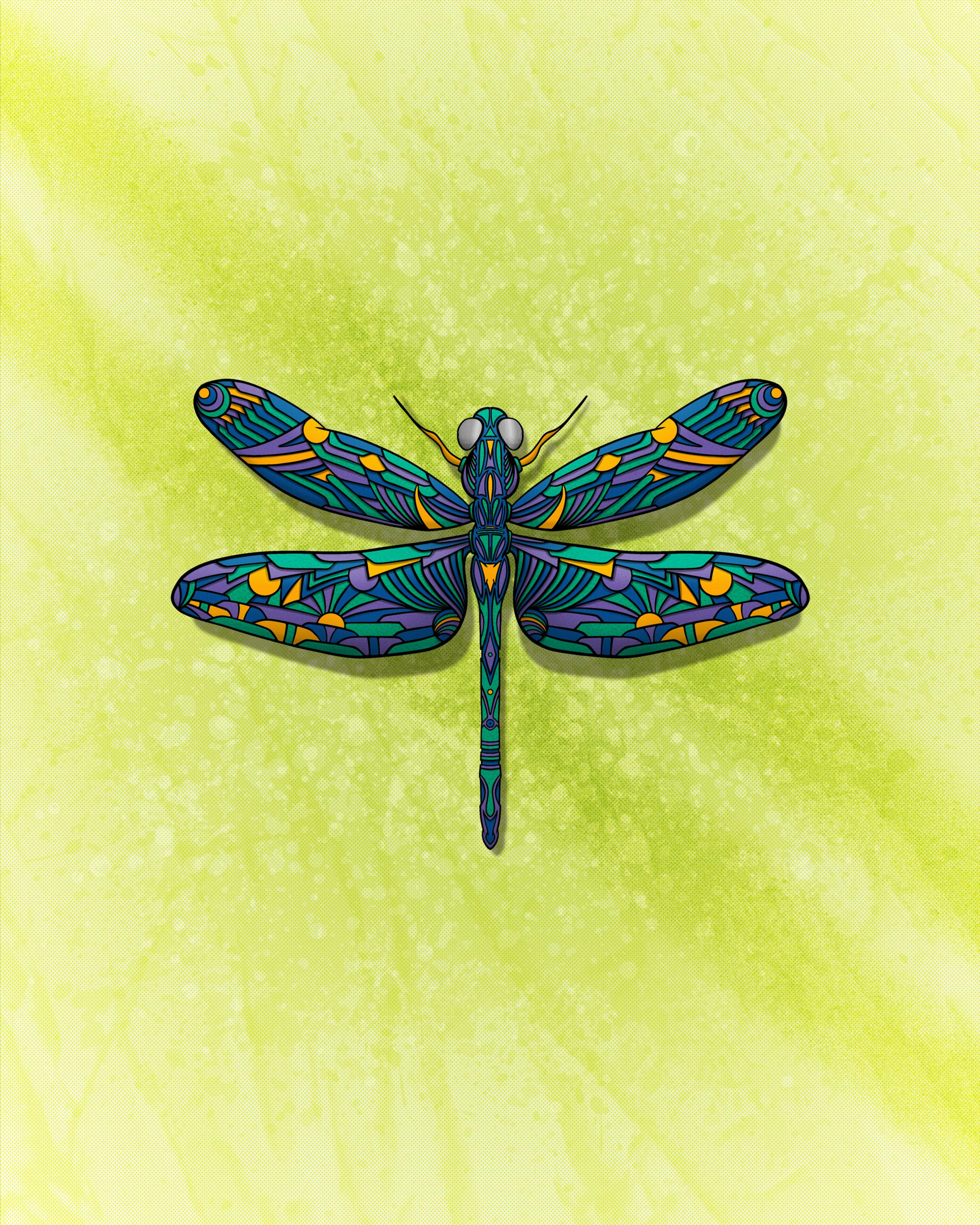 A blue dragonfly digital painting on a green background
