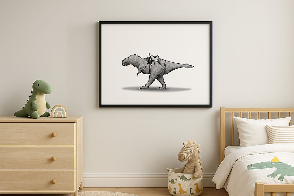 Thumbnail: A T-Rex dinosaur wearing a saddle printed and framed in a kids room