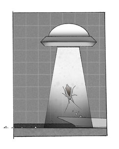 Black and white digital drawing of a large UFO casting a dramatic beam of light downward to abduct a cockroach.
