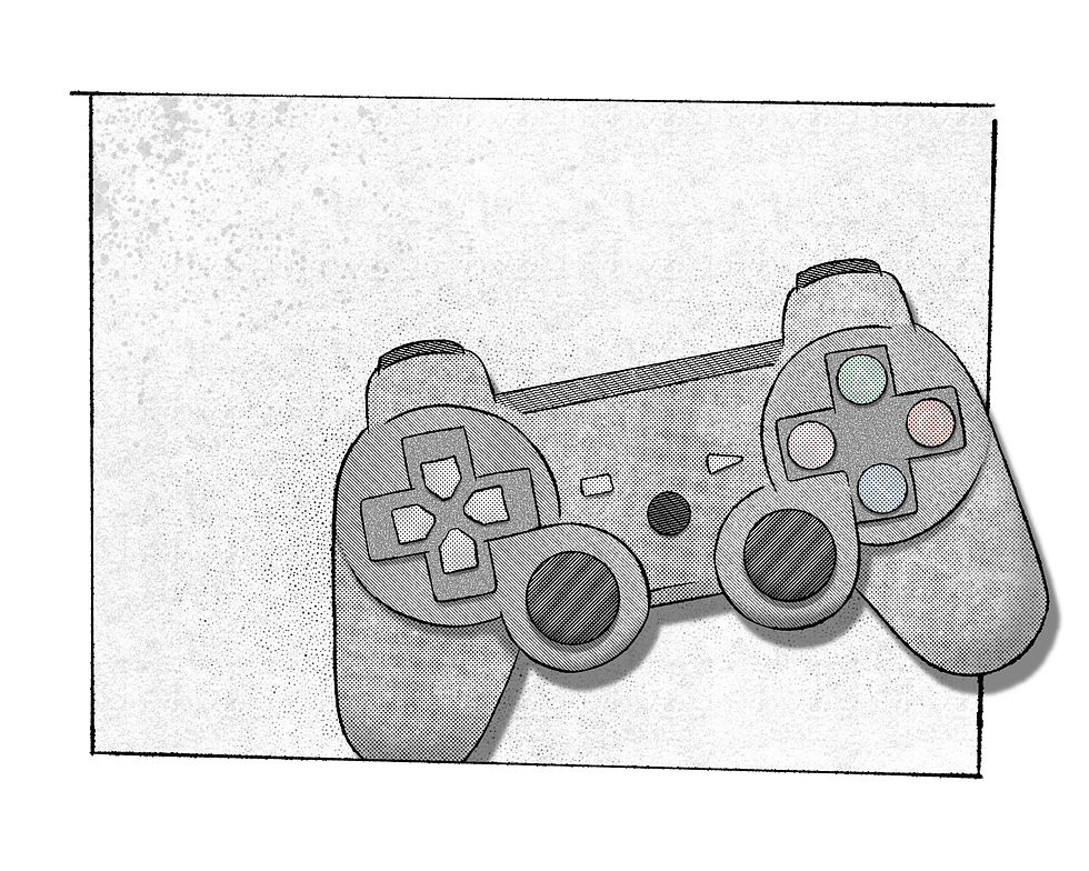 A digital art print of a classic PlayStation controller with clean line work and subtle color details.