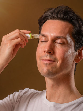 ein Mann trägt sich gerade Ein Mann trägt Kopffrei an der Schläfe auf und blickt dabei sichtlich entspannt.