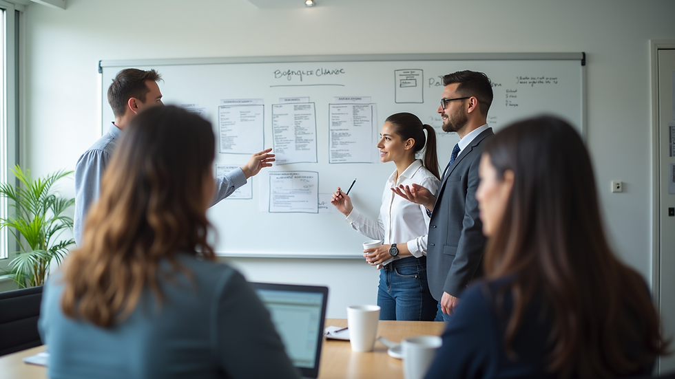 Eye-level view of a project team collaborating around a whiteboard with change management plans
