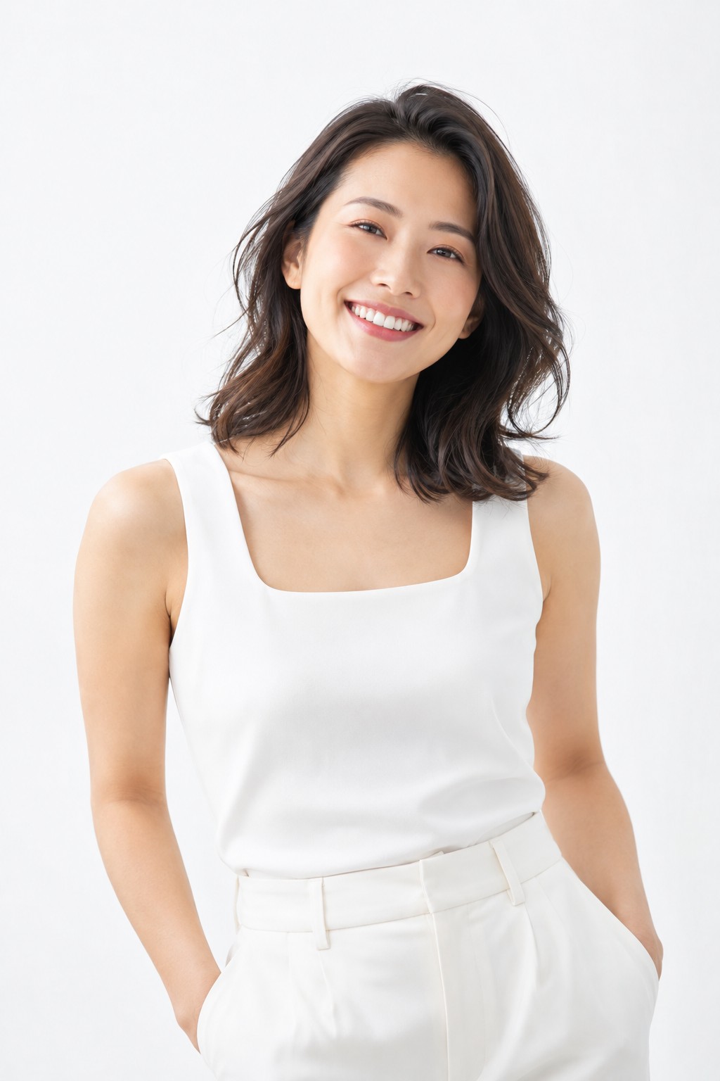 Warm smiling woman in a white top