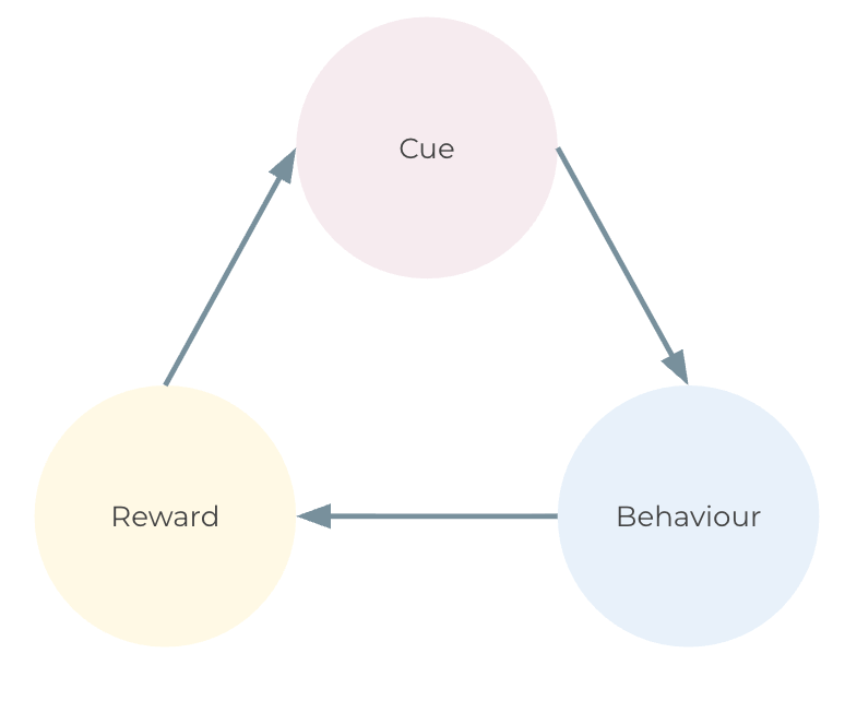 Three interconnected circles labeled Cue, Behaviour, Reward in pink, blue, and yellow, with arrows showing direction around the triangle.