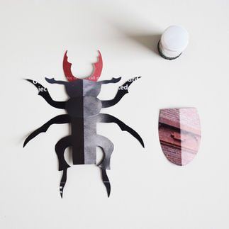 gluing the different sections of a paper insect stag beetle together
