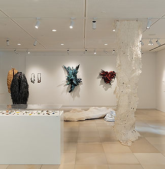 a white gallery with a collection of large paper sculptures, free standing and on the walls. They surround a long white plinth with glass top that displays rows of paper insects.