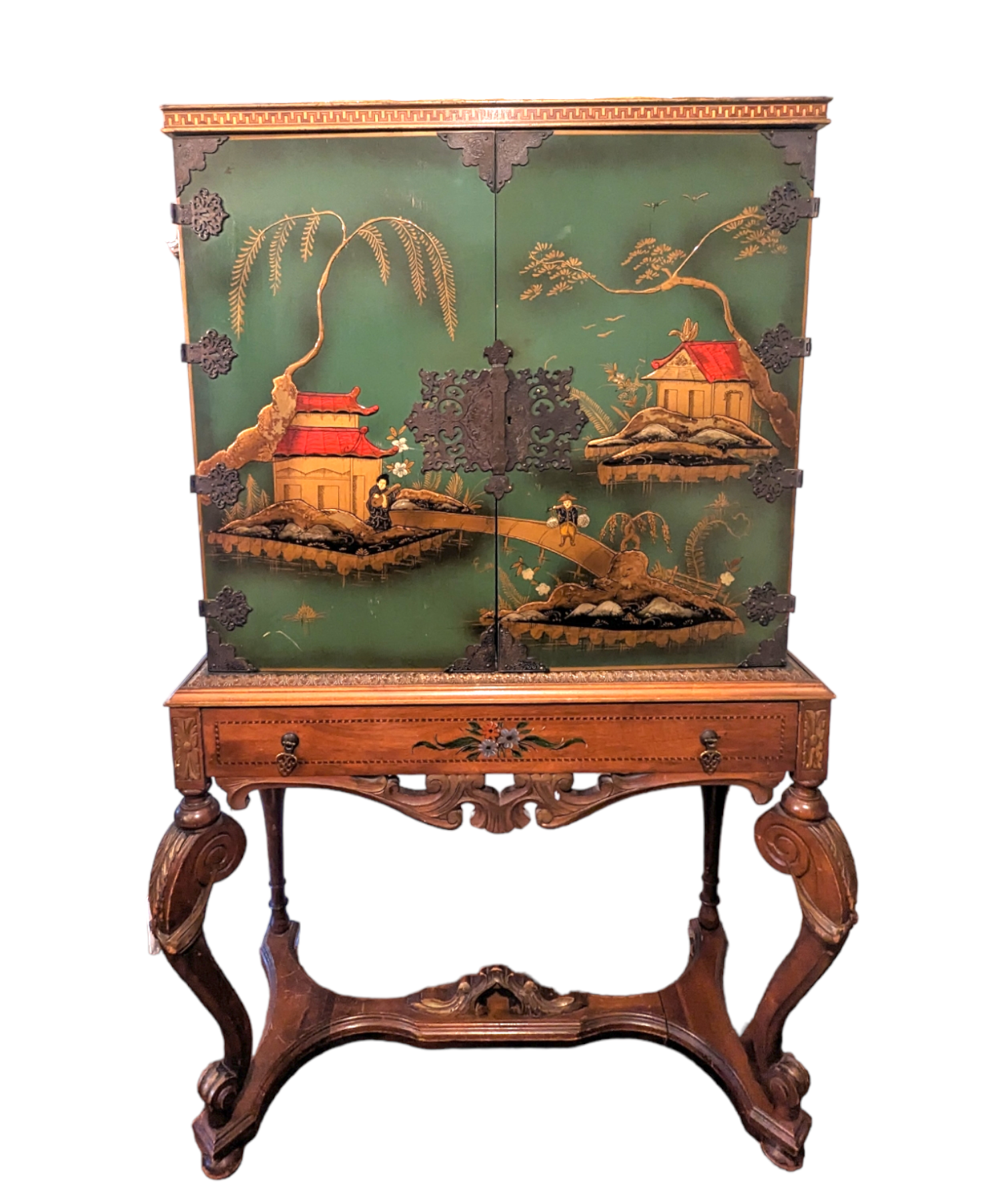 Green Chinoiserie Sideboard Cabinet or Dry Bar on Carved Stand