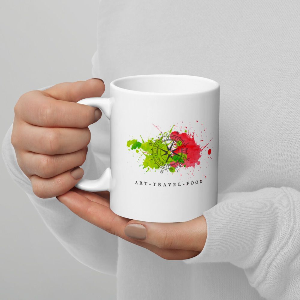 Art, Travel, Food White glossy mug