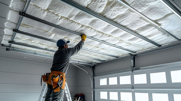 A worker in a cap and gloves installs foam insulation on a garage ceiling
