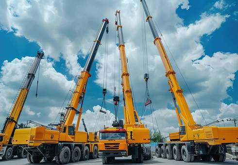 Multiple yellow cranes lifting equipment in industrial zone