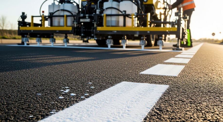 Close-up of a fresh white road line being painted by a machine on asphalt