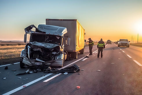 A damaged truck is on a highway at sunset, its front severely crushed