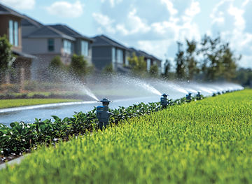 A row of sprinklers irrigating a landscaped area in a residential neighborhood