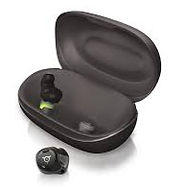 Black wireless earbuds with a sleek charging case