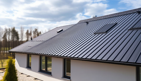 Modern house with a sleek, dark metal roof 