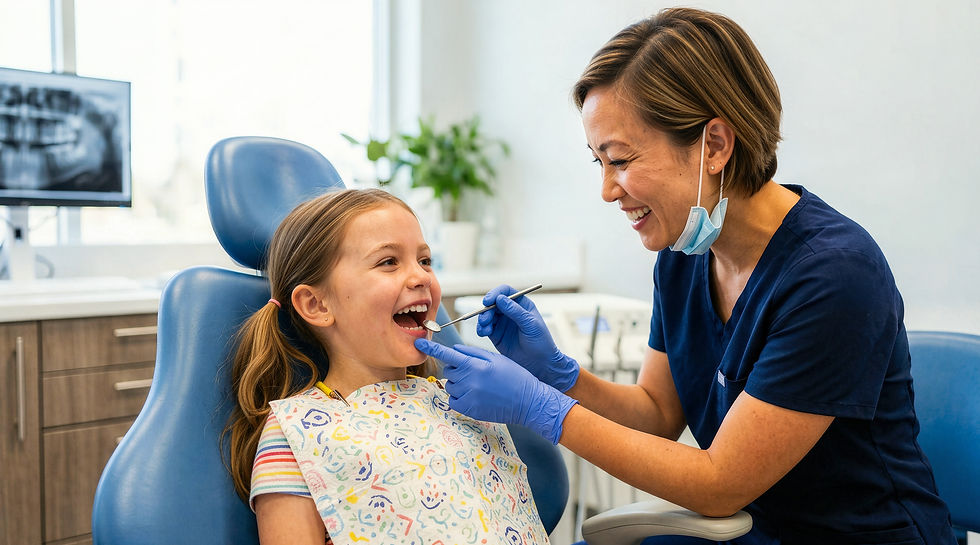 Female dentist examining young girl's teeth in dental chair