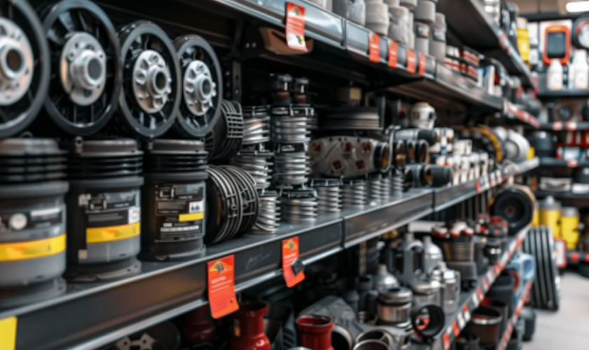 Blurred image of an auto parts store shelf showing various metal components