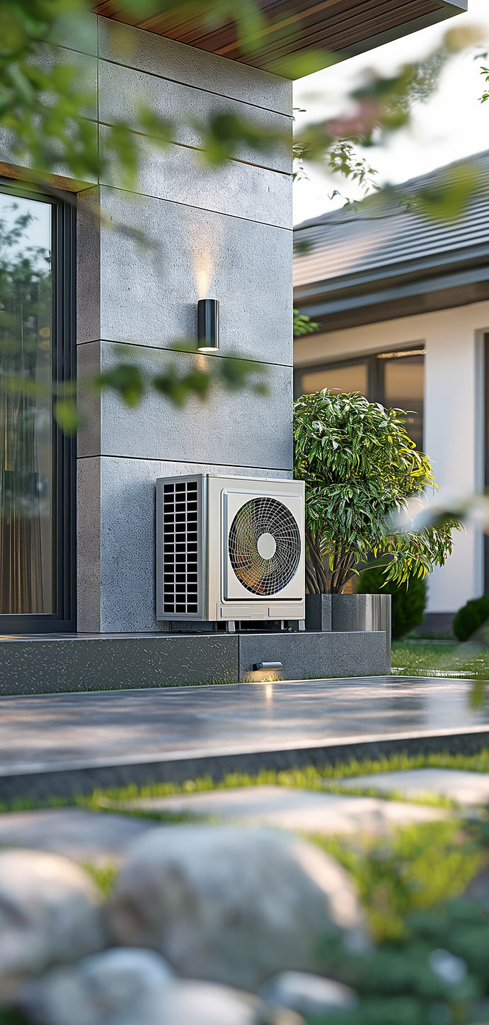 A modern house exterior features a gray wall with an outdoor air conditioning unit and a wall lamp