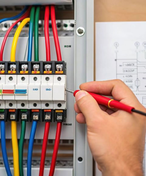 Hands working on a circuit breaker panel with colored wires using a screwdriver