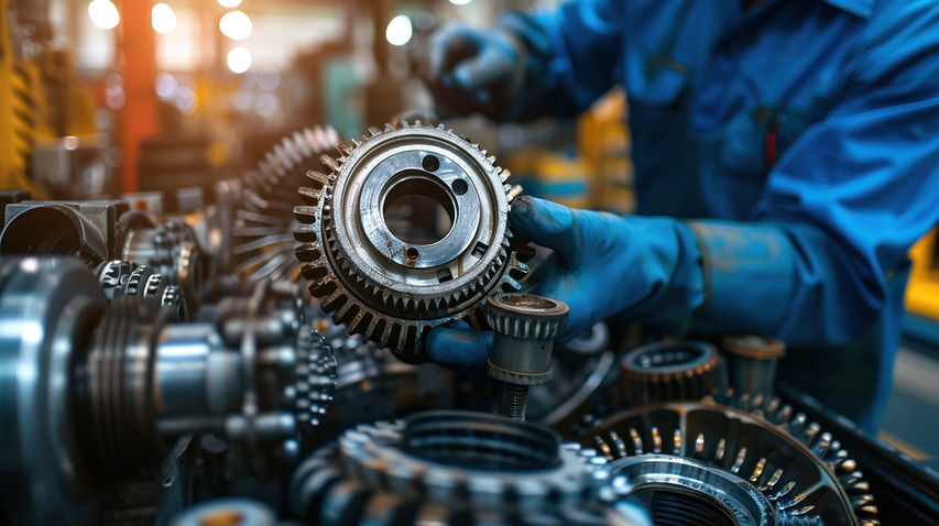 A worker in blue gloves holds a large, metallic gear in a busy factory setting