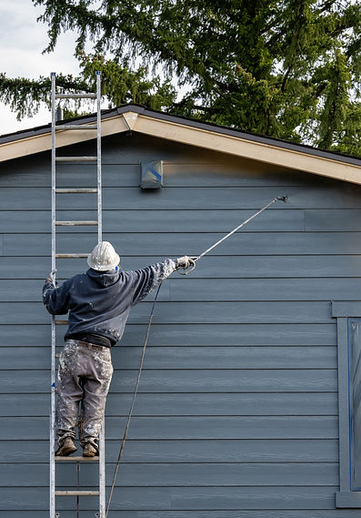 Professional painter with paint sprayer painting back exterior of house