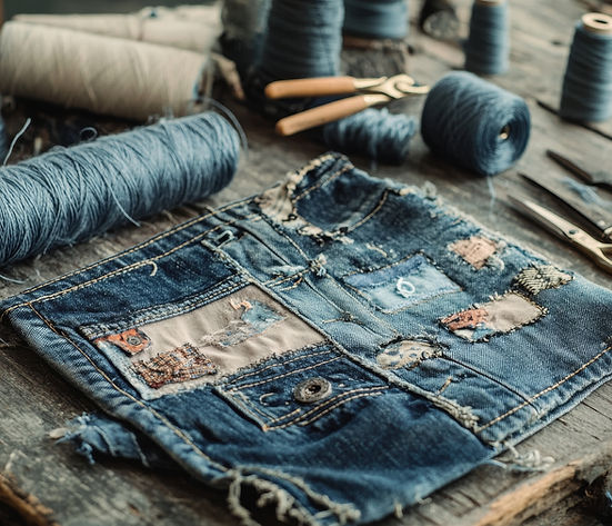 Frayed denim with colorful patches on rustic wood