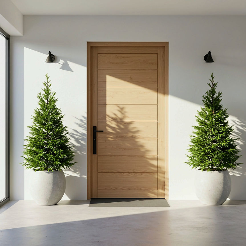 Entrée minimaliste avec une porte en bois flanquée de deux conifères en pot dans des jardinières blanches