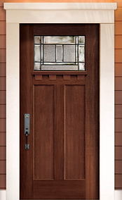 A brown wooden door with a glass panel