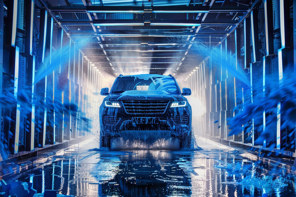 Un SUV noir traverse un lave-auto automatisé aux reflets bleutés