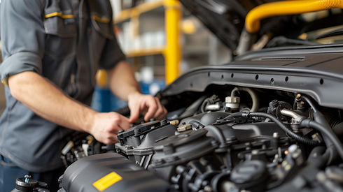 Mechanic in uniform working on a car engine