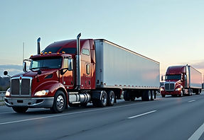 Two semi trucks drive along a highway at dusk