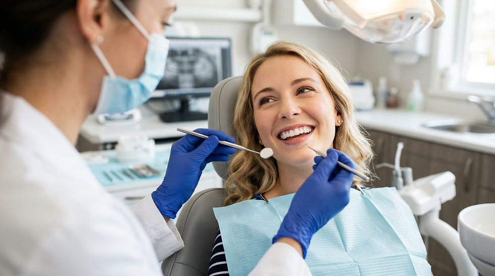 Un dentiste professionnel examine les dents d'une patiente à l'aide d'un miroir et d'une sonde en clinique