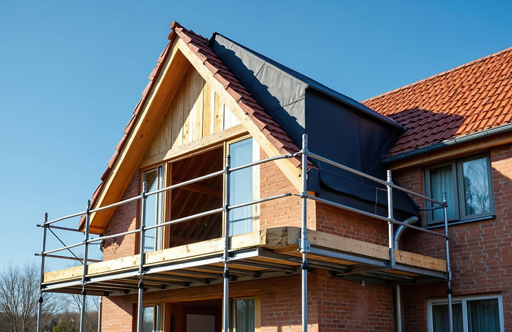 Une maison en briques en cours de rénovation avec des échafaudages autour d'une extension de toit