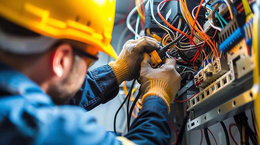 Un homme portant un casque et un casque de sécurité travaille avec diligence sur un équipement électrique, garantissant la sécurité et la précision de sa tâche