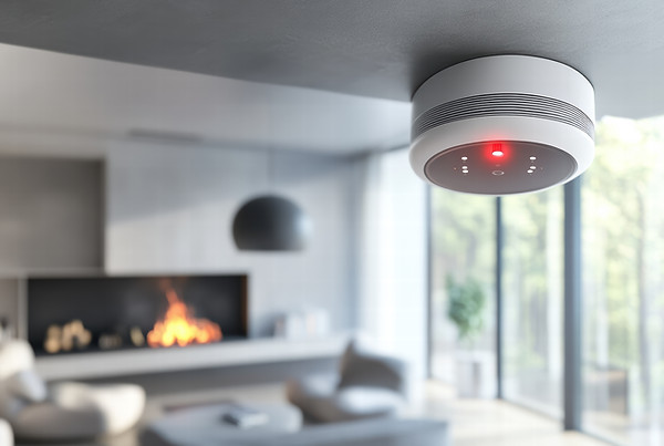 Ceiling-mounted smoke detector with a glowing red light in a modern living room
