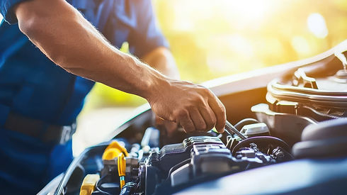 Mechanic's arm in blue uniform working on a car engine, bathed in soft sunlight