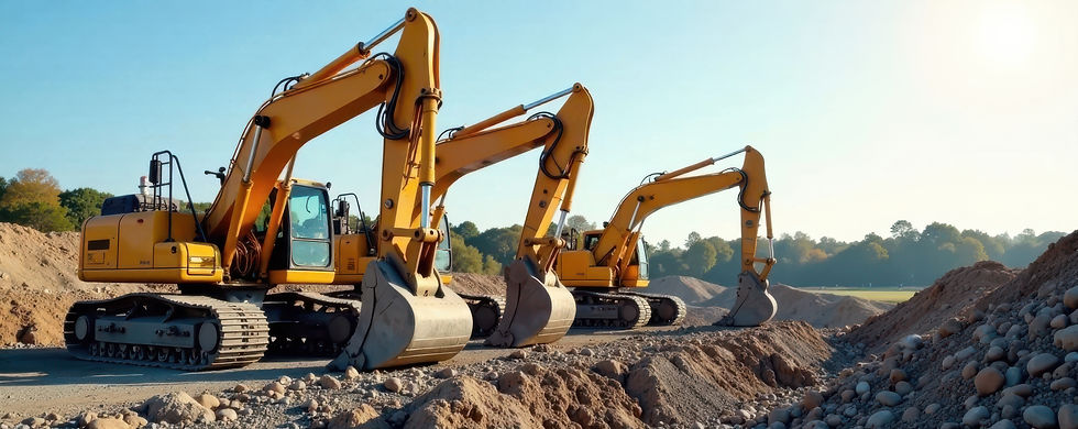 Three yellow excavators are parked in a row on a dirt construction site 