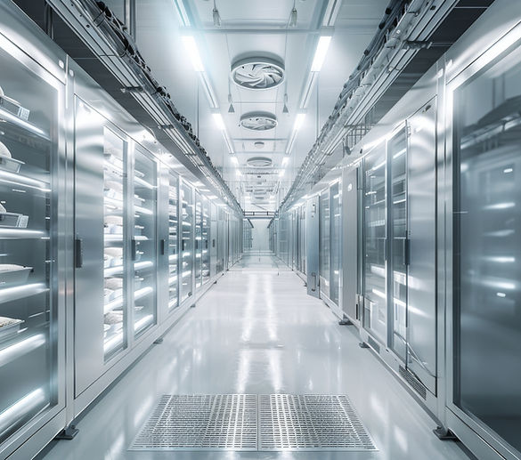 A futuristic cold storage facility with stainless steel cabinets