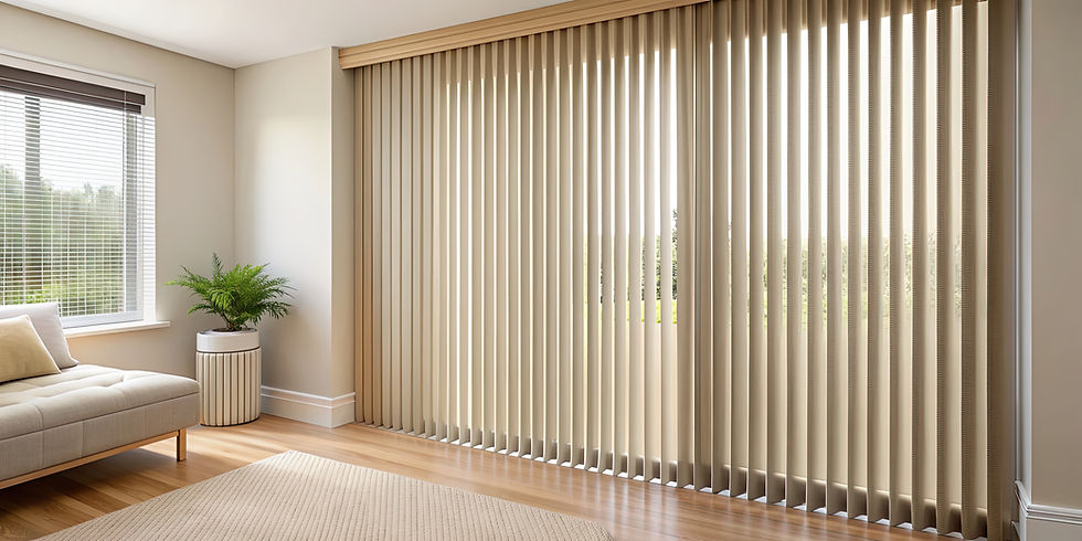 A serene room with beige vertical blinds covering a large window