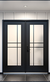 A stylish black double door with glass panels