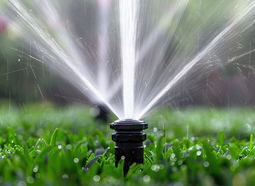Sprinklers distributing water over a grassy lawn