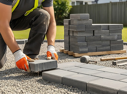 A construction worker kneels on gravel while laying gray paving stones with orange gloves