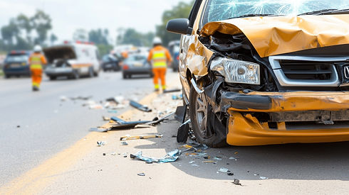 A damaged yellow car with a crushed front on a road