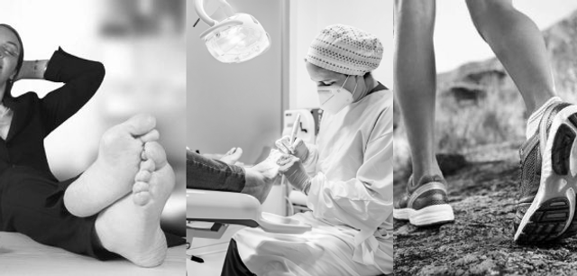 A triptych showing: a relaxed person with bare feet, a podiatrist treating a patient's feet, and a close-up of running shoes on a rocky path