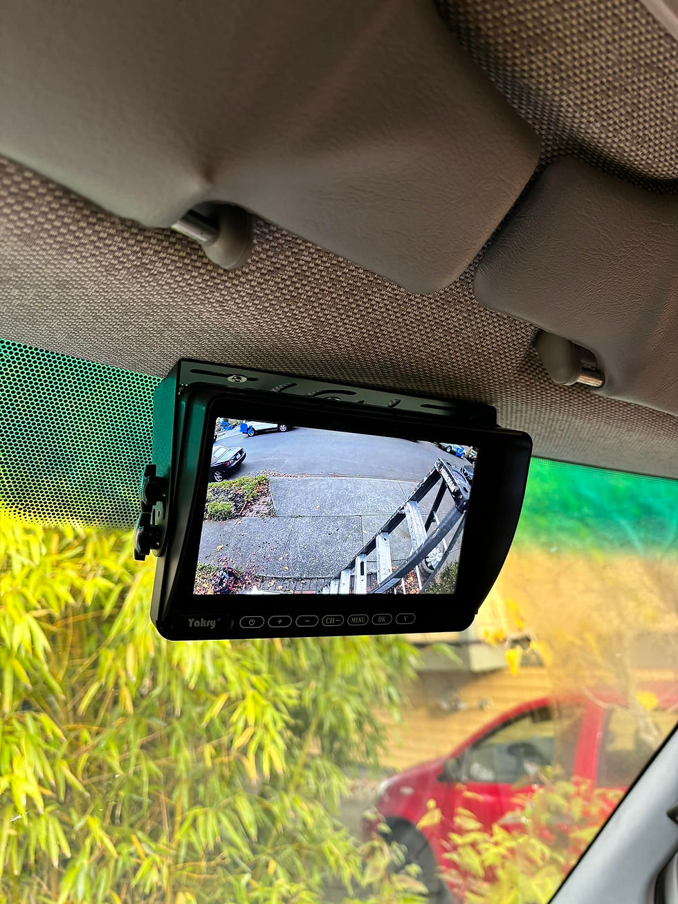 A rearview camera screen mounted inside a vehicle
