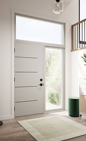 A contemporary entryway featuring a white door and elegant wooden flooring
