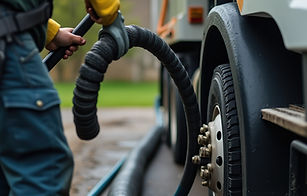 Worker in safety gear handling vacuum hose beside truck