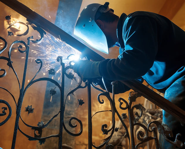 Welder in protective gear repairing an ornate metal railing