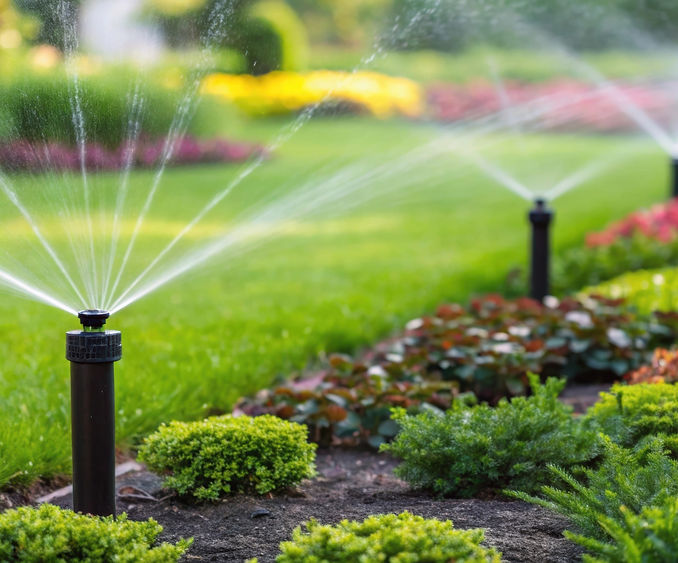 Automatic sprinkler system hydrating a lush landscape